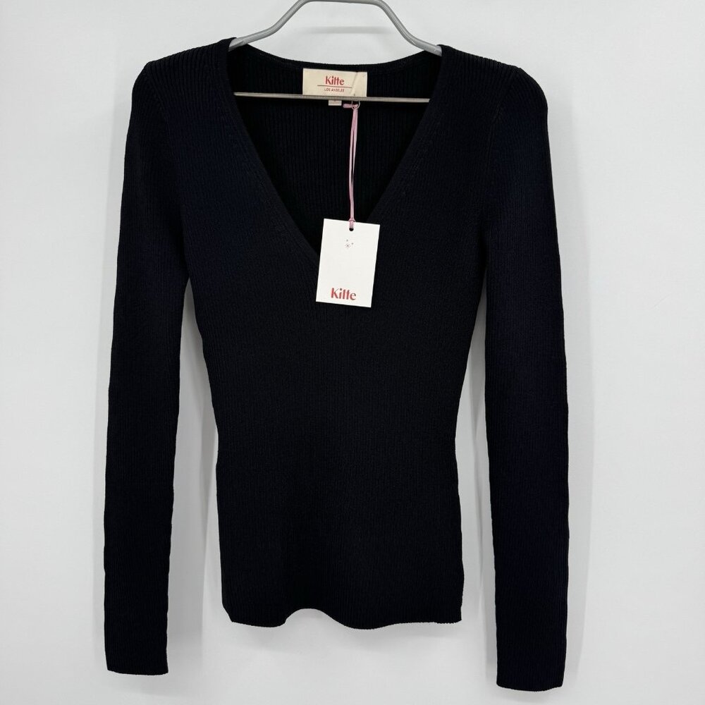 Kilte Collection The Marlee Rib Knit V-Neck Sweater size 0 XS Black Rayon